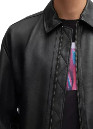 Men's Lamsbkin Black Relaxed Fit Black Bomber Jacket