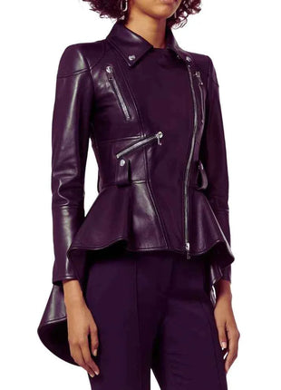Women's Asymmetrical Peplum Purple Leather Jacket