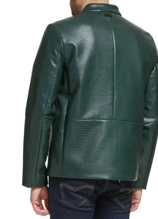 Men's Green Quilted Croco Style Cafe Racer Leather Jacket