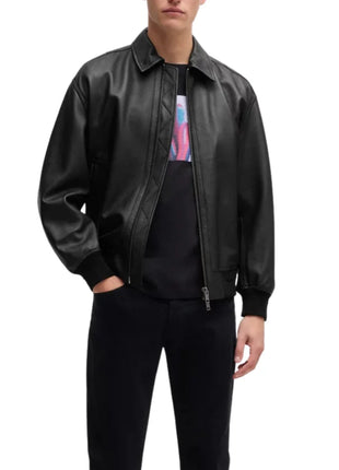Men's Lamsbkin Black Relaxed Fit Black Bomber Jacket