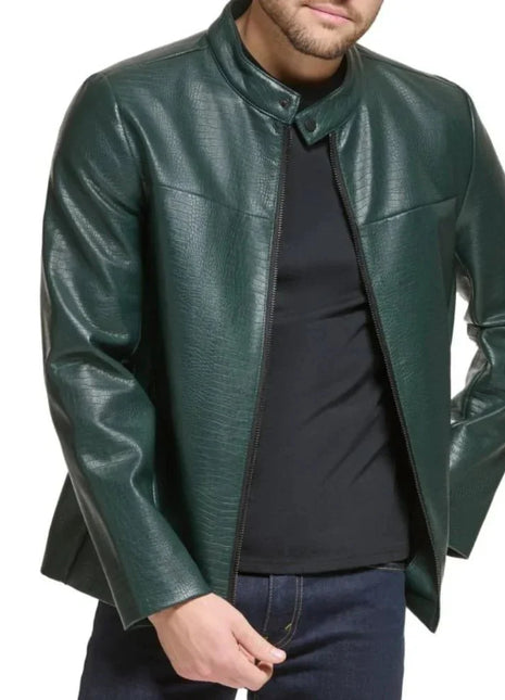 Men's Green Quilted Croco Style Cafe Racer Leather Jacket