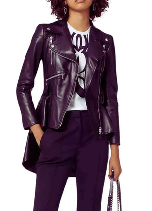 Women's Asymmetrical Peplum Purple Leather Jacket