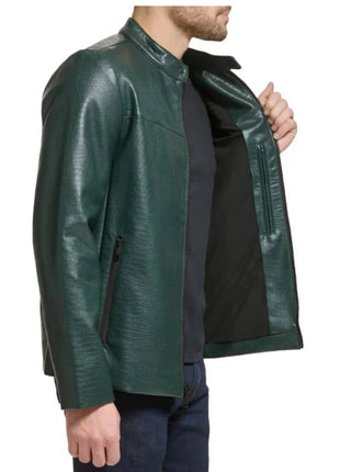 Men's Green Quilted Croco Style Cafe Racer Leather Jacket