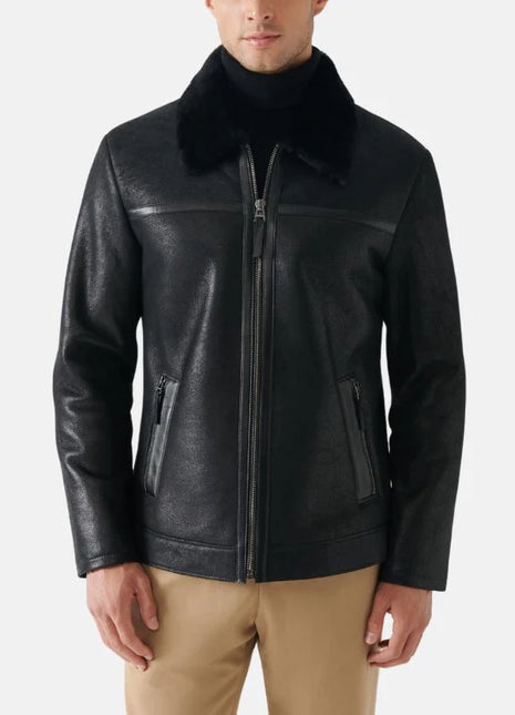 Tony Fur Collar Black Leather Jacket Men