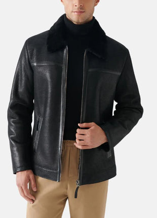 Tony Fur Collar Black Leather Jacket Men