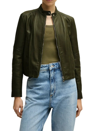 Women’s Dark Green Cafe Racer Leather Jacket