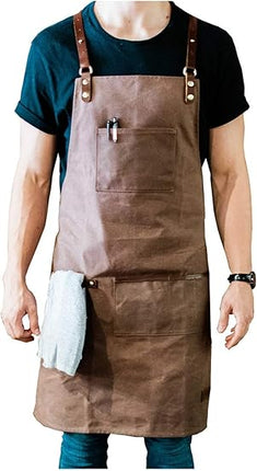 Men Leather and Waxed Canvas Server Aprons With 3 Pockets for Men/Women - Adjustable Barista Work Apron With Kitchen Towel Holder - Chef Apron/Waitress Apron