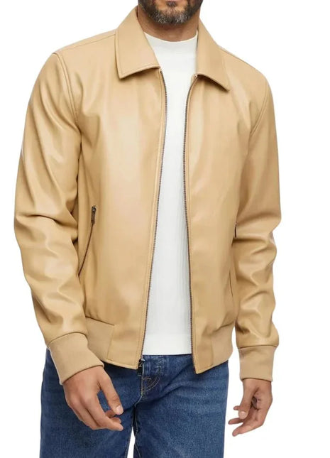 Men’s Beige Bomber Leather Shirt Jacket