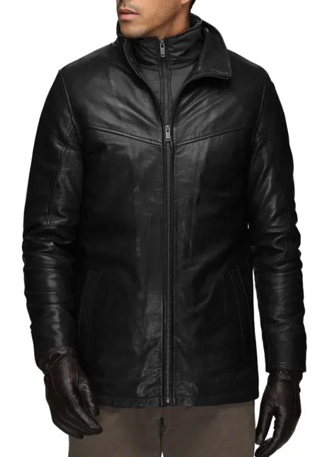 Men’s Genuine Lamb Leather Walking Coat with Detachable Quilted Vest