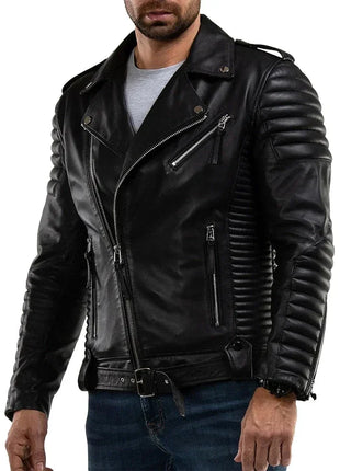 Men's Quilted Real Motorcycle Leather Jacket Black