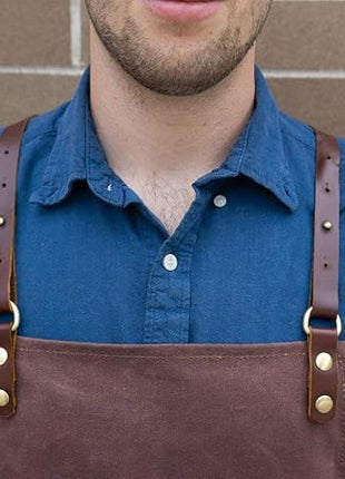 Men Leather and Waxed Canvas Server Aprons With 3 Pockets for Men/Women - Adjustable Barista Work Apron With Kitchen Towel Holder - Chef Apron/Waitress Apron