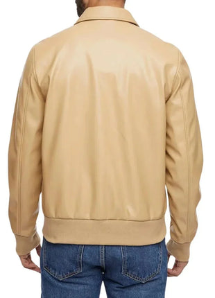 Men’s Beige Bomber Leather Shirt Jacket