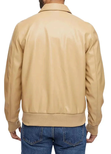 Men’s Beige Bomber Leather Shirt Jacket