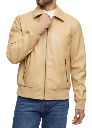 Men’s Beige Bomber Leather Shirt Jacket