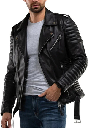 Men's Quilted Real Motorcycle Leather Jacket Black