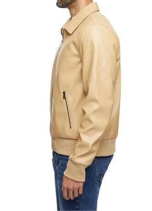 Men’s Beige Bomber Leather Shirt Jacket