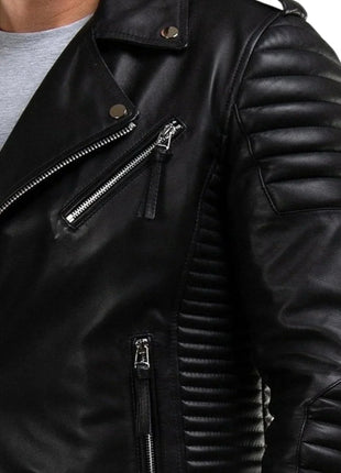 Men's Quilted Real Motorcycle Leather Jacket Black