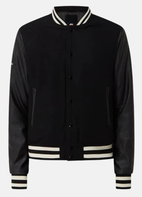 Men's Black Bomber Jacket With Leather Sleeves