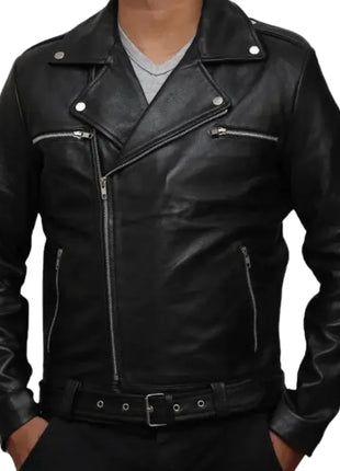 Men's Black Belted Asymmetrical Moto Leather Jacket