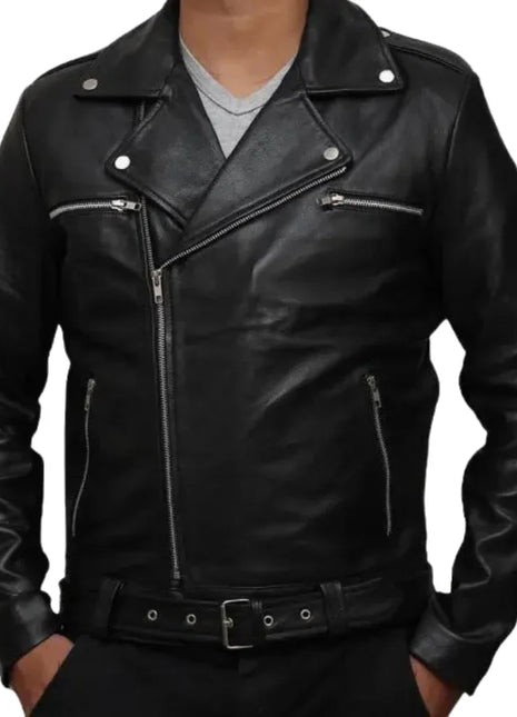 Men's Black Belted Asymmetrical Moto Leather Jacket
