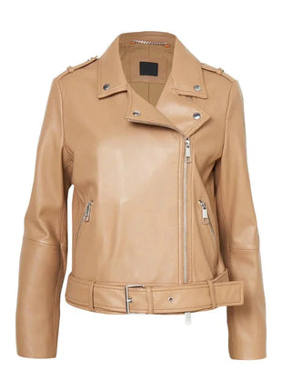 Women's Light Pastel Brown Leather Biker Jacket