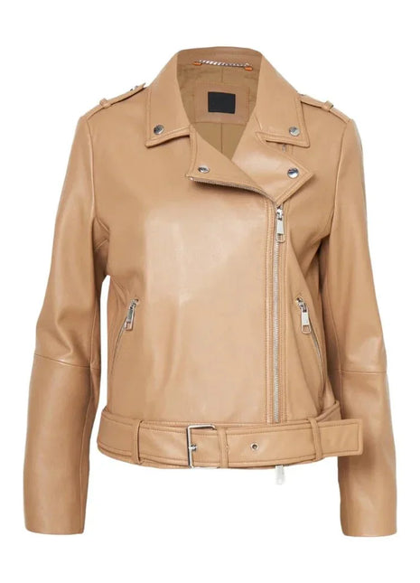 Women's Light Pastel Brown Leather Biker Jacket