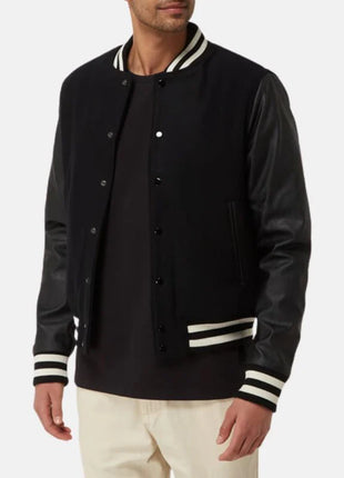 Men's Black Bomber Jacket With Leather Sleeves