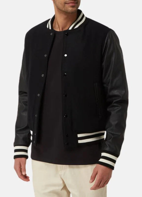 Men's Black Bomber Jacket With Leather Sleeves