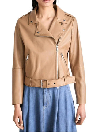 Women's Light Pastel Brown Leather Biker Jacket