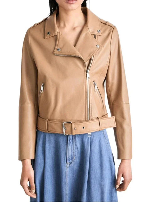 Women's Light Pastel Brown Leather Biker Jacket