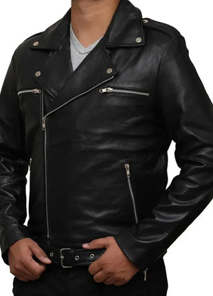 Men's Black Belted Asymmetrical Moto Leather Jacket