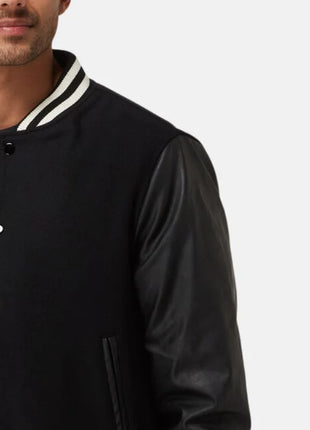 Men's Black Bomber Jacket With Leather Sleeves