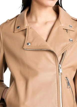 Women's Light Pastel Brown Leather Biker Jacket