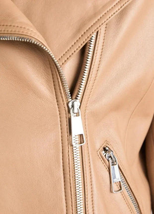 Women's Light Pastel Brown Leather Biker Jacket