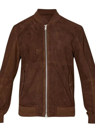 Men's Dark Brown Suede Leather Bomber Jacket