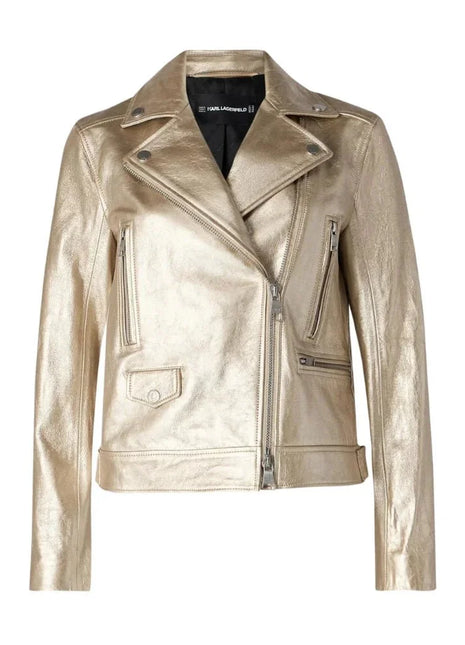 Women's Lapel Light Gold Leather Biker Jacket