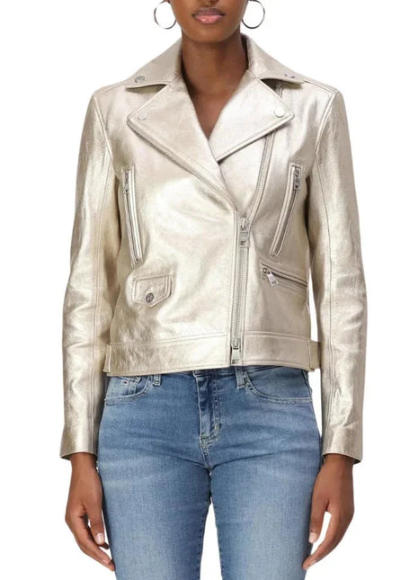 Women's Lapel Light Gold Leather Biker Jacket