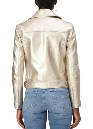 Women's Lapel Light Gold Leather Biker Jacket