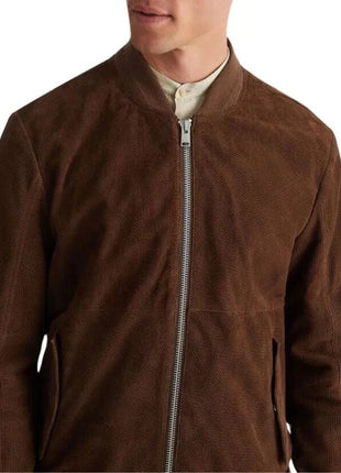 Men's Dark Brown Suede Leather Bomber Jacket