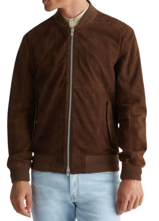 Men's Dark Brown Suede Leather Bomber Jacket