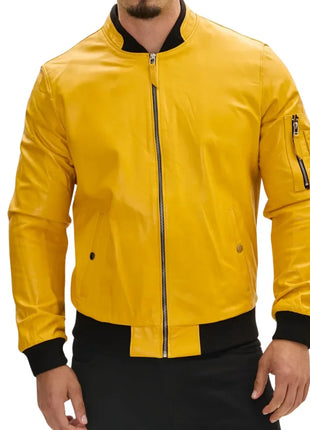Mens Real Lambskin Yellow Leather Bomber Jacket