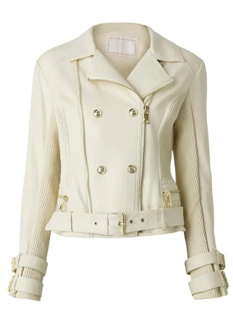 Women's Double Breasted Dove White Leather Biker Jacket