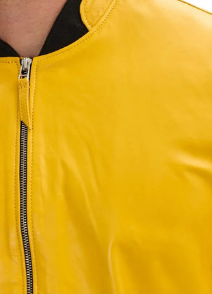 Mens Real Lambskin Yellow Leather Bomber Jacket