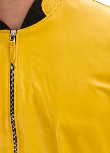 Mens Real Lambskin Yellow Leather Bomber Jacket