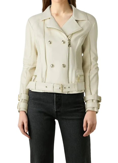 Women's Double Breasted Dove White Leather Biker Jacket