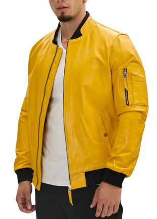 Mens Real Lambskin Yellow Leather Bomber Jacket