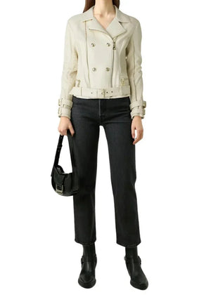 Women's Double Breasted Dove White Leather Biker Jacket
