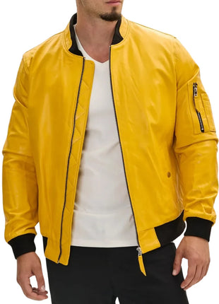 Mens Real Lambskin Yellow Leather Bomber Jacket