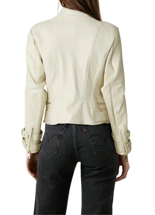 Women's Double Breasted Dove White Leather Biker Jacket