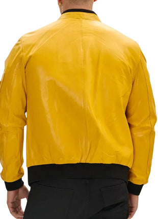 Mens Real Lambskin Yellow Leather Bomber Jacket
